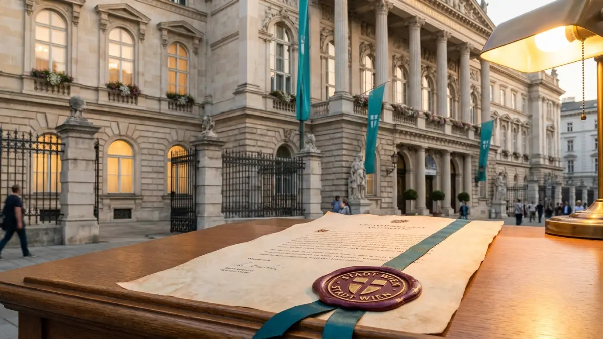 Wiener Amtsgebäude mit offiziellem Dokument und Stadt Wien Siegel