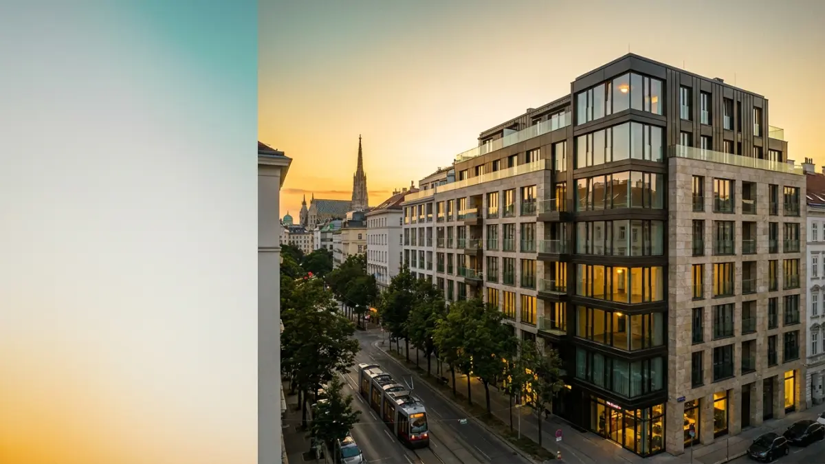 Wien Skyline mit modernem Apartment bei Sonnenuntergang