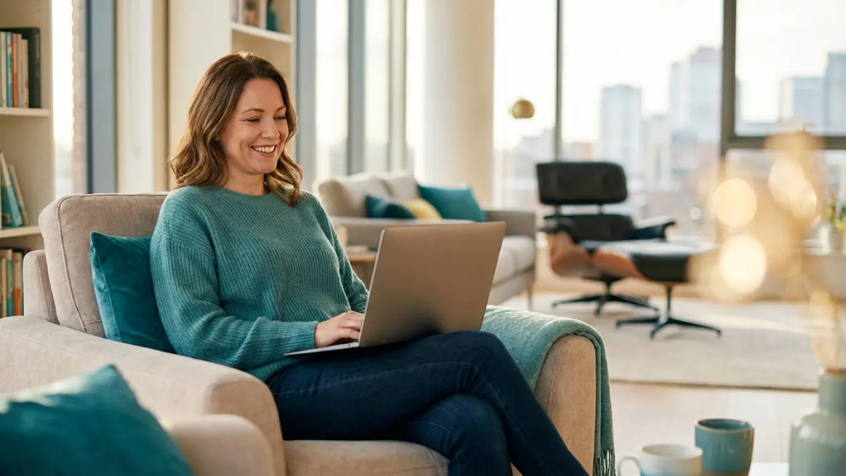 Entspannte Eigentümerin mit Laptop in modernem Apartment